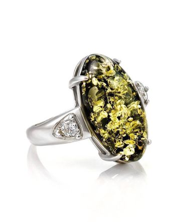 Luminous Green Amber Ring In Sterling Silver With Crystals The Penelope, Ring Size: 12 / 21.5, image 