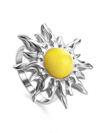 Sun Shaped Silver Ring With Butterscotch Amber The Helios, Ring Size: 6.5 / 17, image 