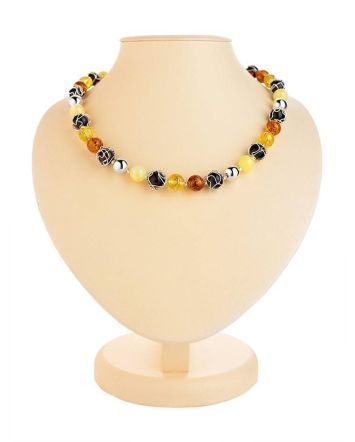 Ball Beaded Necklace With Multicolor Amber And Silver, image 