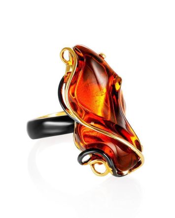 Handcrafted Gold Plated Cocktail Ring With Cognac Amber The Rialto, Ring Size: Adjustable, image 