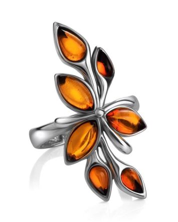 Glossy Silver Floral Ring With Amber Stones The Verbena, Ring Size: 6 / 16.5, image 