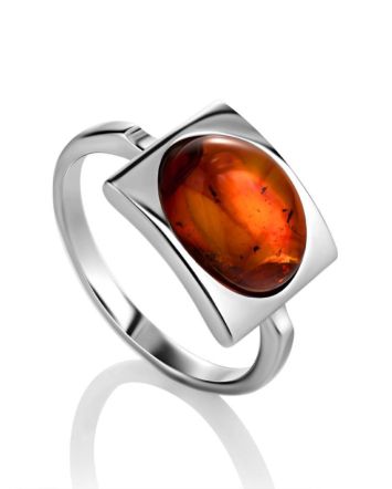 Geometric Silver Ring With Oval Amber Stone The Saturn, Ring Size: 8.5 / 18.5, image 