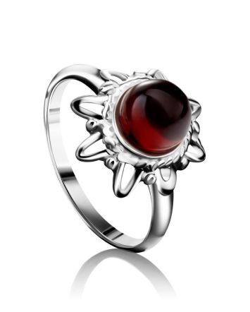 Cherry Amber Silver Ring The Helios, Ring Size: 5 / 15.5, image 