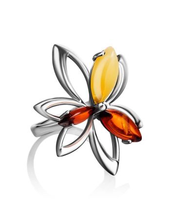 Bright Silver Floral Ring With Multicolor Amber Stones The Verbena, Ring Size: 13 / 22, image 
