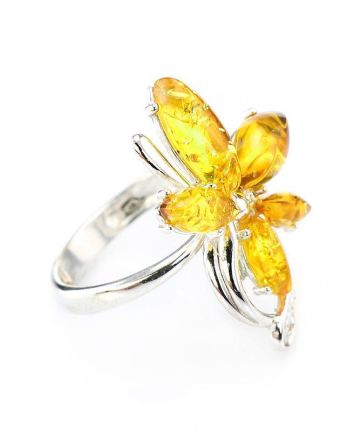 Bright Lemon Amber Floral Ring In Silver The Verbena, Ring Size: 9.5 / 19.5, image 