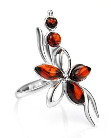 Floral Ring With Amber In Silver The Verbena, Ring Size: 10 / 20, image 
