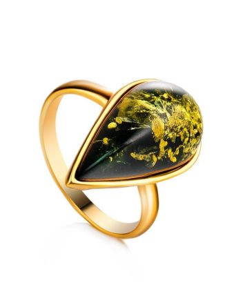 Green Amber Adjustable Ring In Gold Plated Silver The Pulse, Ring Size: Adjustable, image 