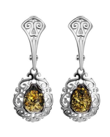 Sterling Silver Drop Earrings With Green Amber The Luxor, image 