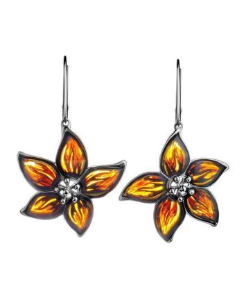 Sterling Silver Flower Dangles With Amber The April, image 