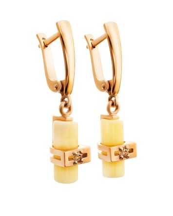 Stylish Golden Dangle Earrings With Honey Amber And Crystals, image 