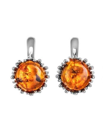 Round Silver Earrings With Cognac Amber The Brunia, image 