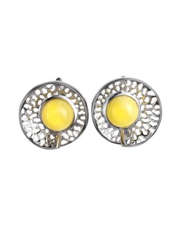 Round Silver Earrings With Honey Amber Centerpieces The Venus, image 