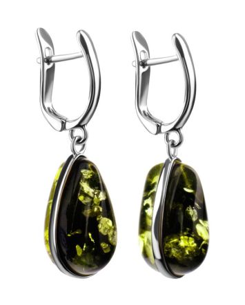 Green Amber Drop Earrings In Silver The Pulse, image 