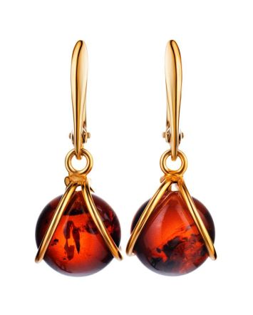Charming Gold-Plated Earrings With Bright Cherry Amber The Flamenco, image 
