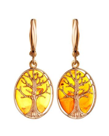 Symbolic The Tree Of Life Gold-Plated Silver With Amber Earrings, image 