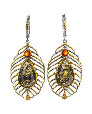 Bold Green Amber Silver Earrings The Peacock Feather, image 