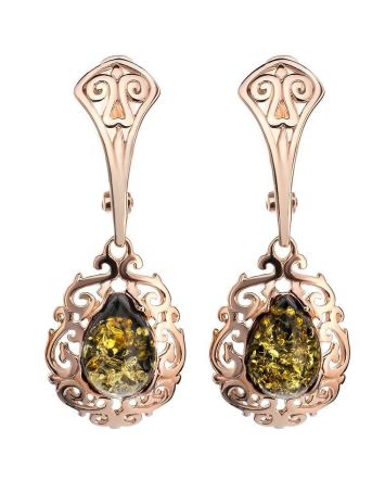Gold-Plated Drop Earrings With Green Amber The Luxor, image 