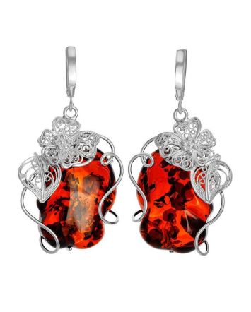 Unique Sterling Silver Floral Earrings  With Bright Lemon Amber The Dew, image 