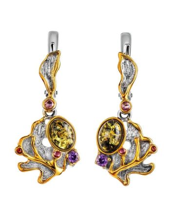 Gold-Plated Silver Drop Earrings With Green Amber And Crystals The Beatrice, image 