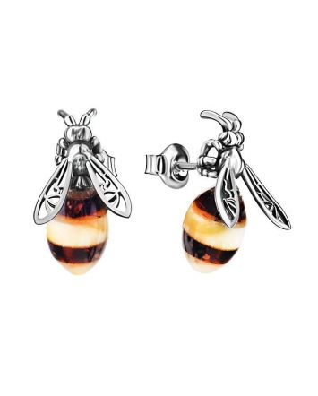 Cute Silver And Amber Stud Earrings The Bee, image 