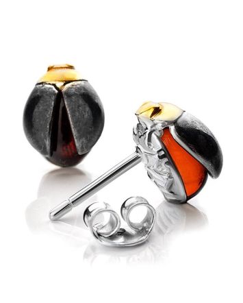 Silver Stud Earrings With Amber The Scarab, image 