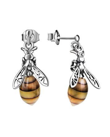 Bright Silver Drop Earrings With Amber The Bee, image 
