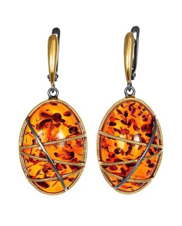 Cognac Amber Dangle Earrings In Gold Plated Silver The Meridian, image 