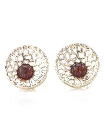 Lovely Round Silver Studs With Cherry Amber The Venus, image 