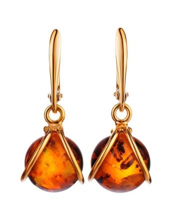 Charming Gold-Plated Earrings With Bright Cognac Amber The Flamenco, image 