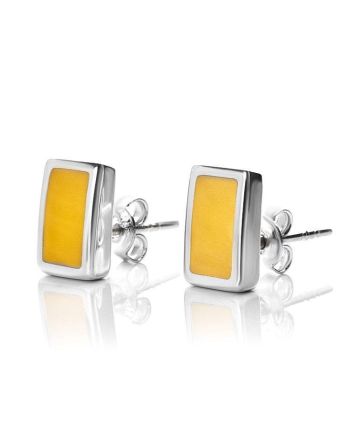 Geometric Silver Amber Stud Earrings The London, image 