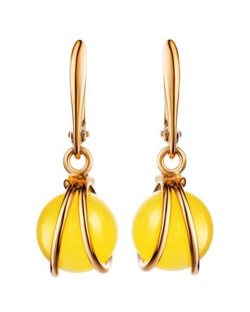 Charming Gold-Plated Earrings With Bright Yellow Amber The Flamenco, image 