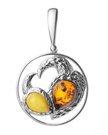 Round Silver Pendant With Multicolor Amber The Eagles, image 