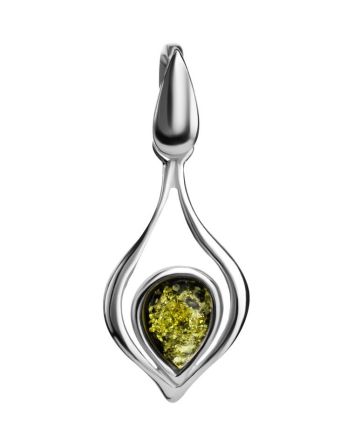 Elegant Silver Pendant With Teardrop Green Amber The Fiori, image 