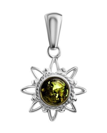 Silver Pendant With Round Amber Stone The Helios, image 