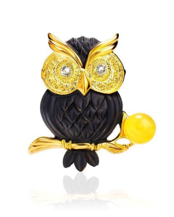 Enamel Brooch With Amber And Crystals The Owl, image 