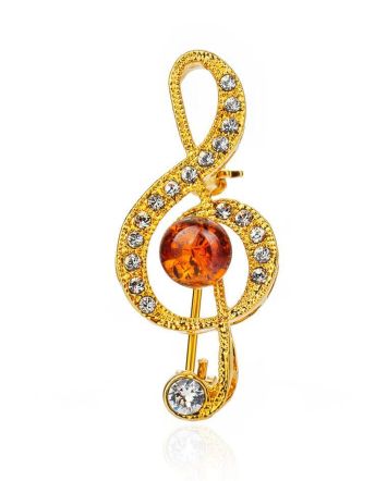 Designer Gold Plated Brooch With Amber And Crystals, image 