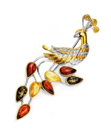 Multicolor Amber Brooch In Gold Plated Silver The Peacock, image 