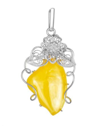 Exclusive Handcrafted Silver Pendant With Polished Natural Amber Stone The Dew, image 