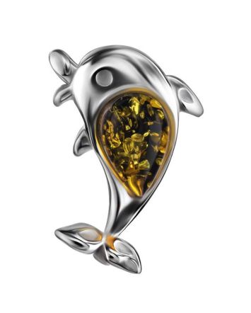 Silver Dolphin Pendant With Green Amber, image 