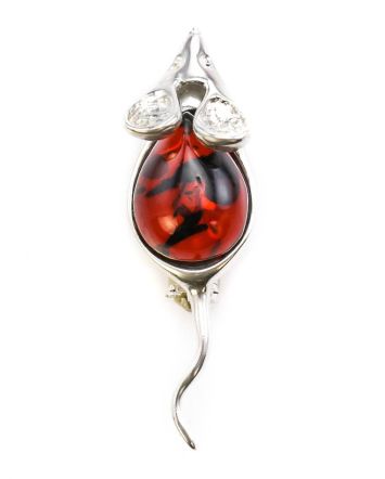 Cherry Amber Mouse Brooch In Sterling Silver, image 