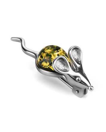 Cute Silver Brooch With Green Amber The Mouse, image 