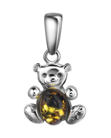 Silver Teddy Bear Pendant With Green Amber, image 