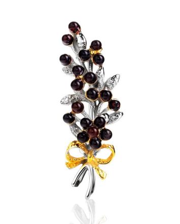 Sterling Silver Floral Brooch With Cherry Amber, image 
