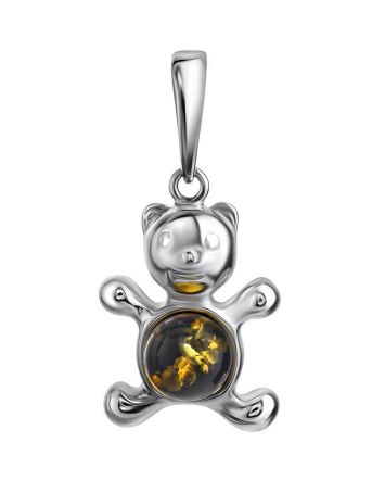Silver Teddy Bear Pendant With Green Amber, image 