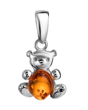 Silver Teddy Bear Pendant With Cognac Amber, image 