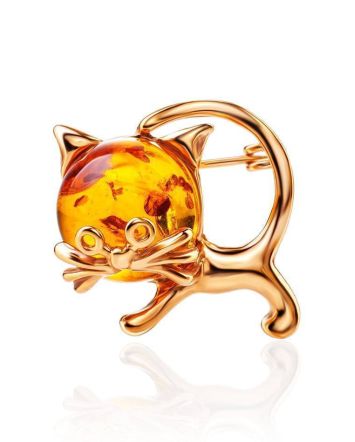 Gold Plated Kitten Brooch With Cognac Amber The Fairyrtale, image 