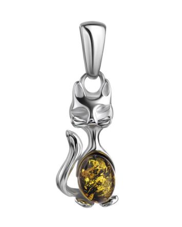 Silver Cat Pendant With Green Amber, image 