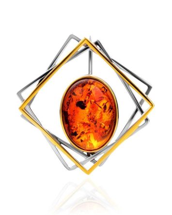 Geometric Gold Plated Brooch With Amber Centerpiece, image 