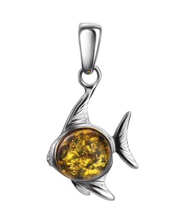 Silver Fish Pendant With Green Amber, image 