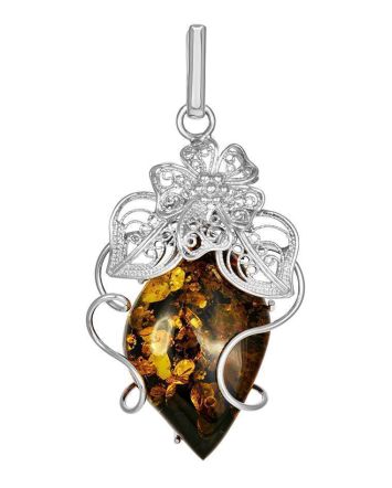 Exclusive Handcrafted Silver Pendant With Polished Green Amber Stone The Dew, image 